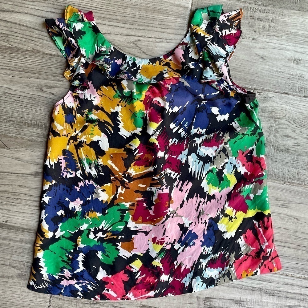 J. Crew 100% Silk Floral Ruffle Cap Sleeve Blouse Colorful Size S